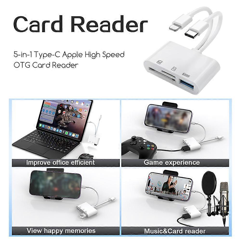 5-in-1 SD Memory Card Reader for iPhone Androids Camera, USB C and Lightning Dual Port SD Card Adapter, Supports SD/Micro SD/USB 3.0