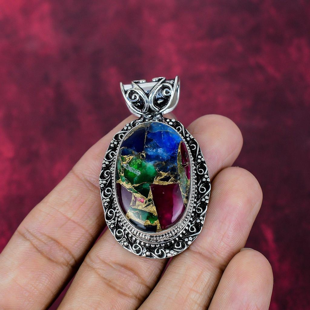 Multi Copper Turquoise Handmade Gemstone Pendant, 925 Solid Sterling Silver Pendant Beautiful Jewelry, Designer Pendant