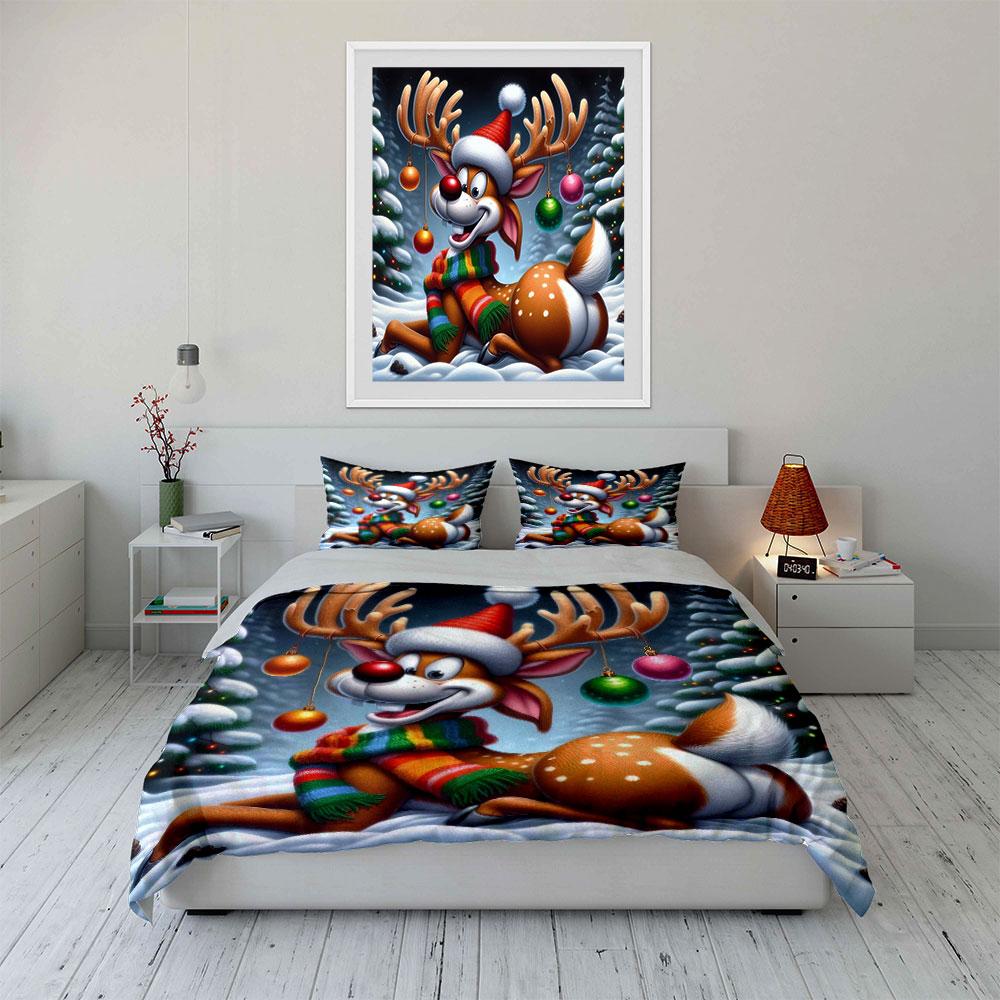 Festive Reindeer with Scarf Bedding Duvet Cover Set (1*Duvet Cover 2*Pillowcases, without duvet insert)