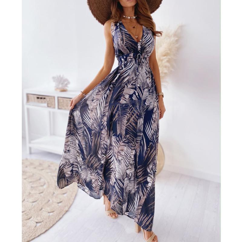 Boho Dress Sexy Deep V Neck Dress Printed Backless Maxi Dress Summer Beach Sleeveless Lace Up Dress