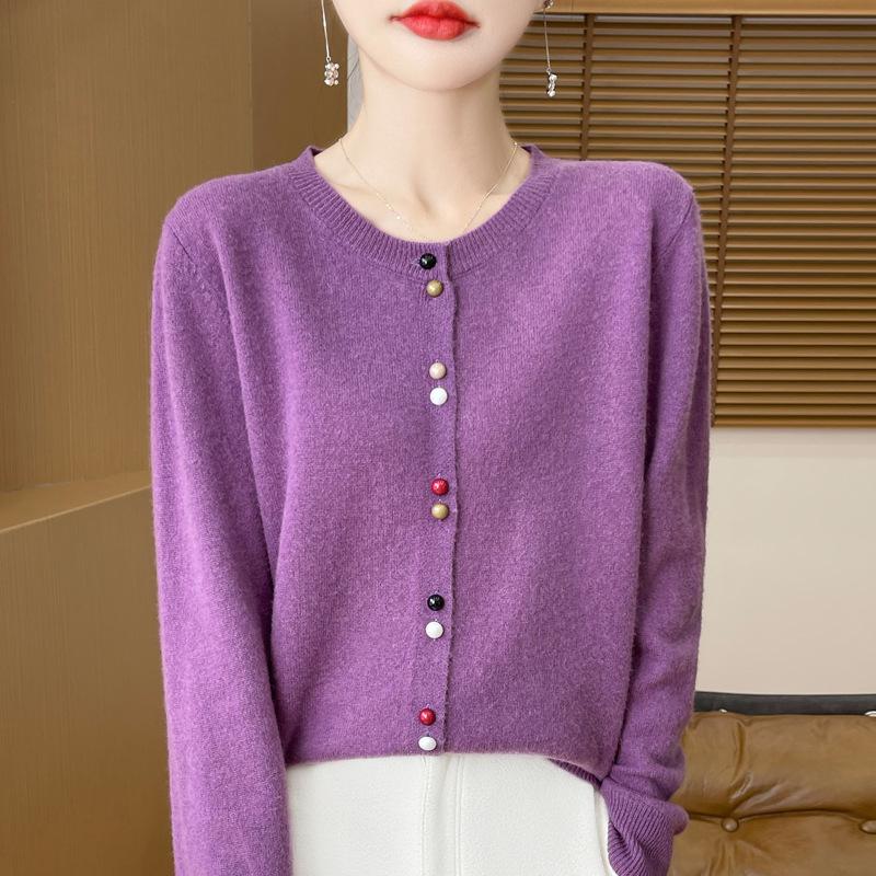 Spring and Autumn New Andy Velvet Cardigan Color Button Knitted Cardigan Women's Crew Neck Loose Sweater Jacket Soft Waxy Versatile Top