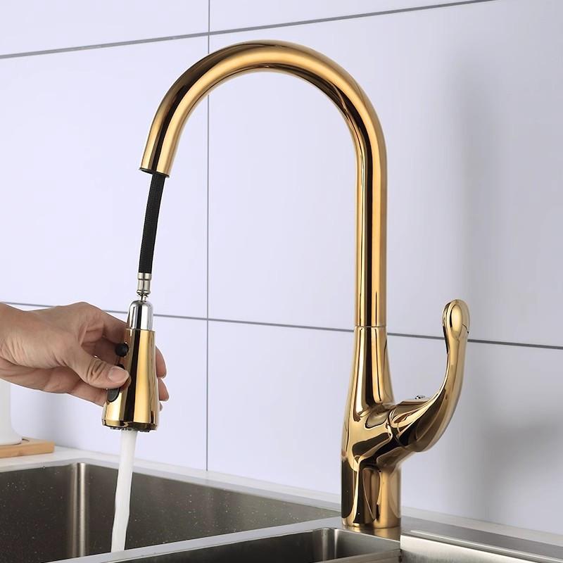 Tuqiu Gold Pull Out Kitchen Faucet Black Kitchen Tap 360 Rotate Sink Faucet Brass Chrome/ Nickel /Black Swivel Sink Mixer Tap