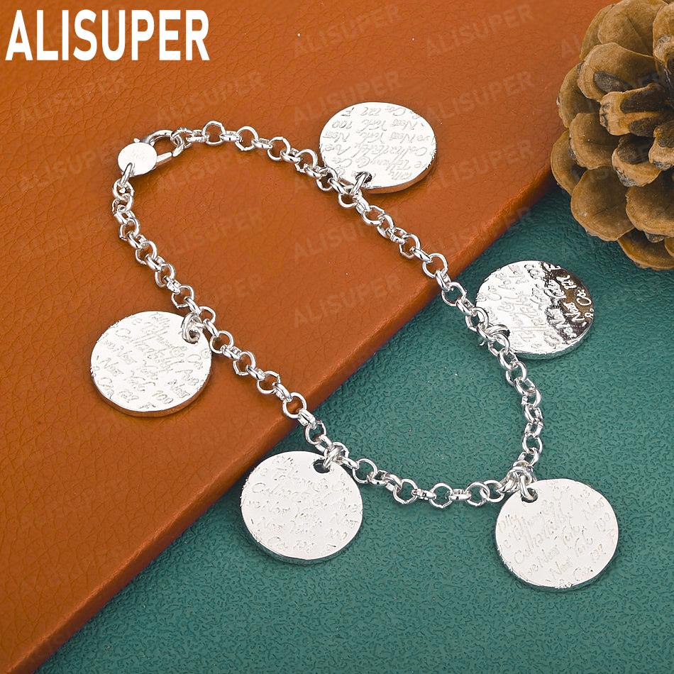 925 Sterling Silver Letter Disc Side Chain Simple Bracelet Gift Jewelry 20CM