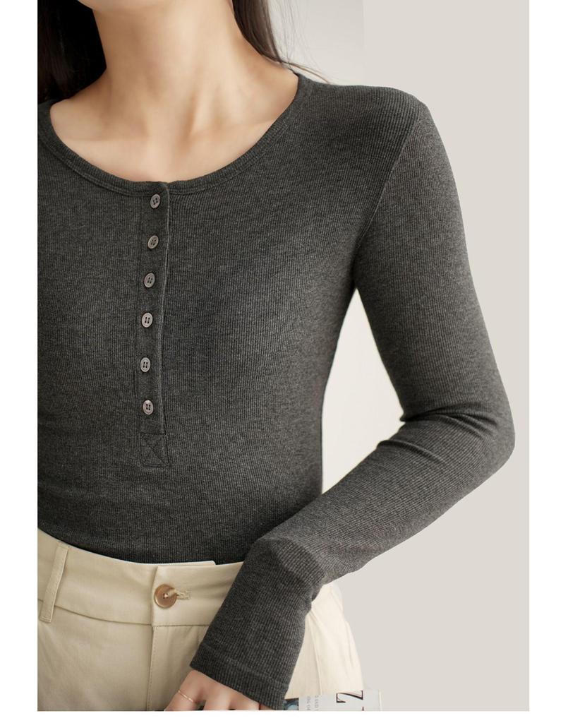 Damen Slim Fit Langarm Rundhals T-Shirt mit geripptem Henley-Kragen