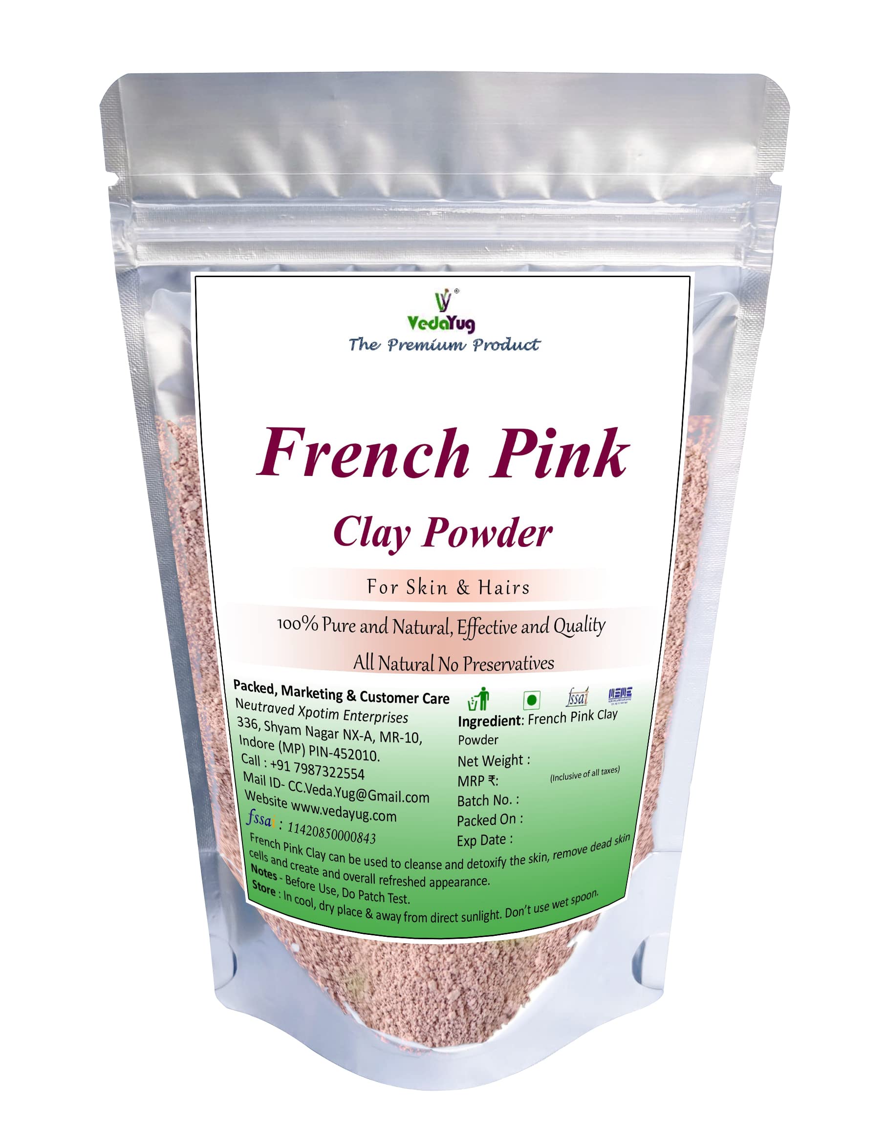 VY VedaYug French Pink Clay powder, 100g| Montmorillonite Pink-| French Rose | Face mask | 100% natural powder - 100g