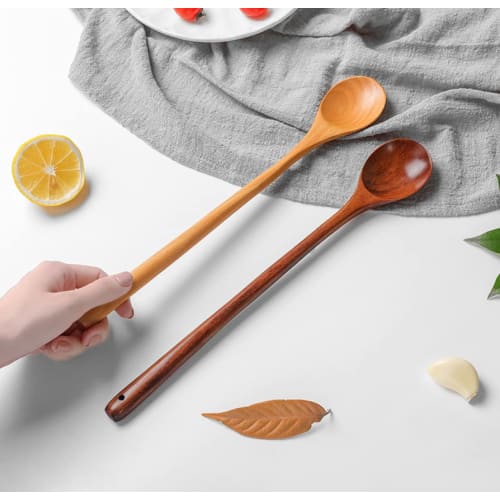 SITEDAN Long Spoons (2-Piece Set), Wooden Spoons with Long Handles, 33cm Long, Heat-Resistant, for Stirring, Simmering, and Hot Pots
