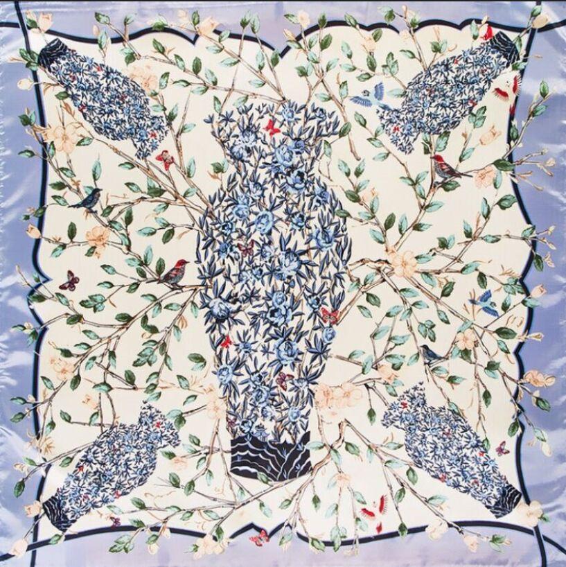 90*90cm  Luxury Brand Women Chinese Silk Floral  Scarfs Female European Style Square Scarves Spring Summer Shawls For Ladies