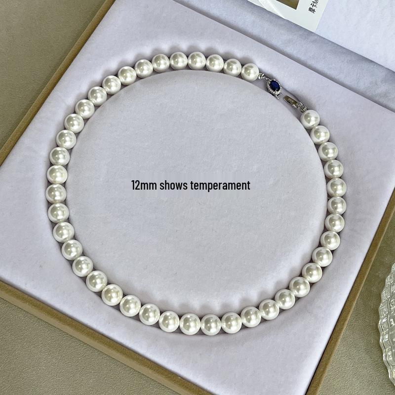 Natural Mother-of-Pearl Necklace with 925 Silver Sapphire Clasp, High Luster Shell Pearls, and Australian White Pearls.