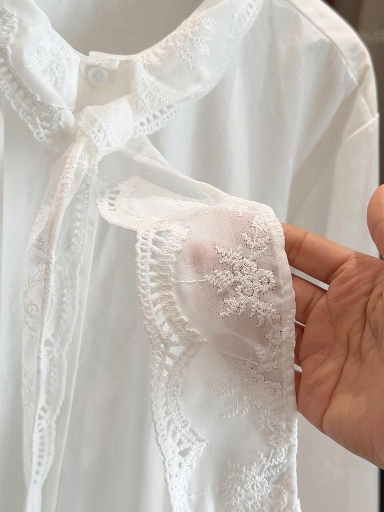 Women's Mid-Length French White Lace Embroidered Tie-up Long-Sleeve Shirt - Spring/Autumn Loose Fit