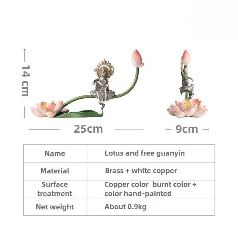 Lotus Kwan Yin Statue Copper Desktop Decor Zen Buddhism Home Ornament