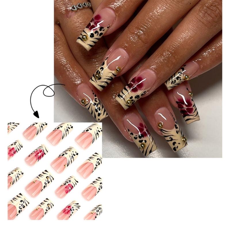 Sarg Press-On-Nagel Leopard Falscher Nagel Aufkleber-Nagel in 12 Größen, 24 Stück Französische Nagelspitzen für DIY-Nagelkunst-Dekorationen