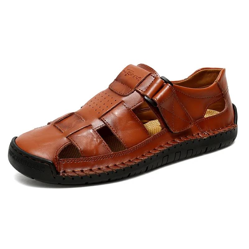 New Genuine Leather Men's Beach Large Size 38-48 Breathable Sandals Retro Handsewn Baotou Casual Fashion Handmade Shoes