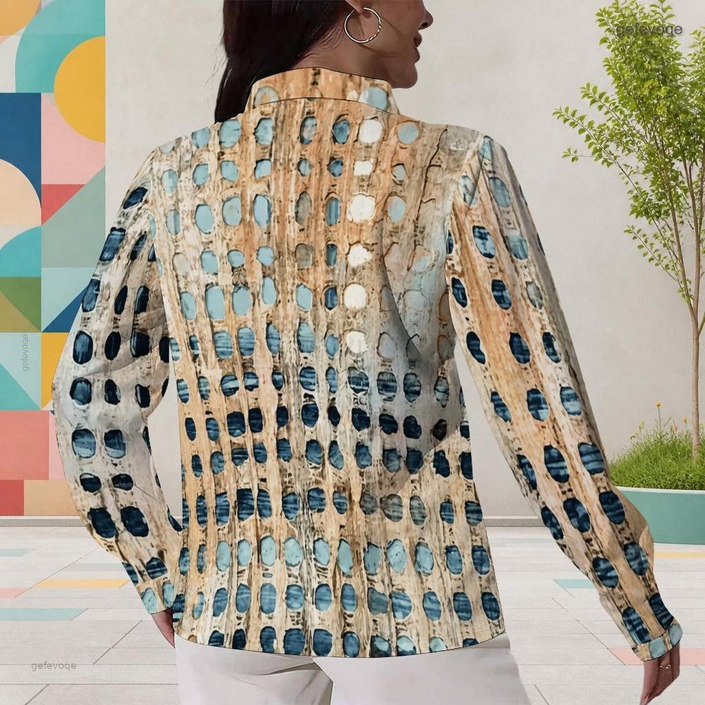 Women Plus Size Collared Long Sleeve Abstract Geometric Printed Button Front Curved Hem Shirt