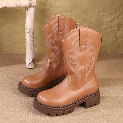 High-end Retro Thick-soled Embroidered Western Cowboy bootsAutumn -Selling Mid-Calf Boots for Petite Women Traveling In W