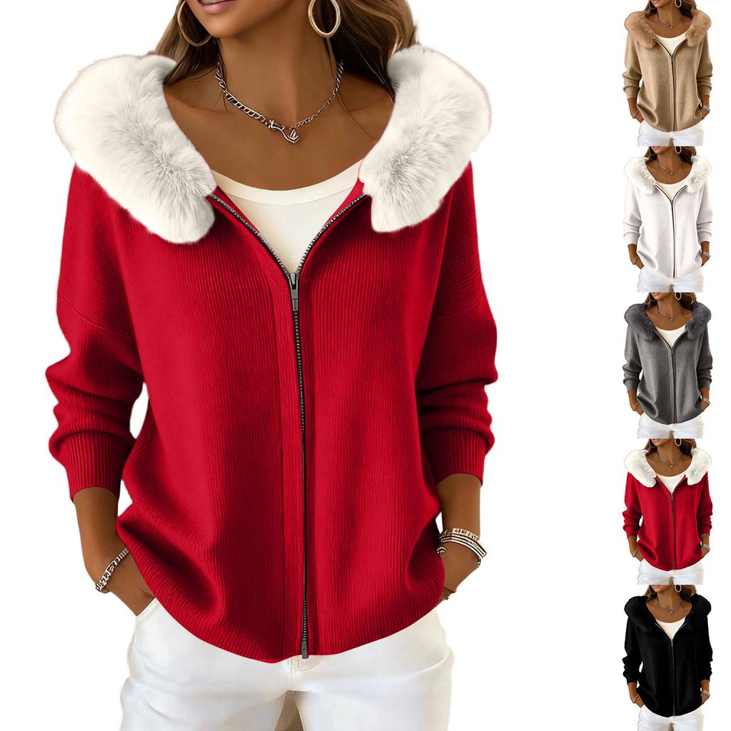 Cardigan con cappuccio e finto colletto da donna per autunno e inverno