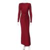 Abito Lungo Elegante da Sera da Donna, Colore Unito, Manica Lunga, Girocollo