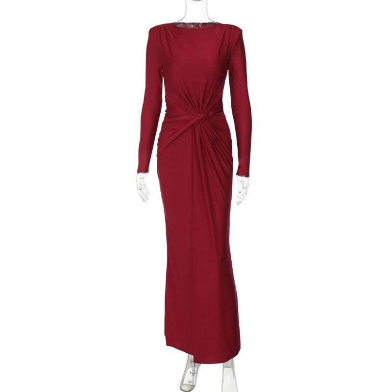 Abito Lungo Elegante da Sera da Donna, Colore Unito, Manica Lunga, Girocollo