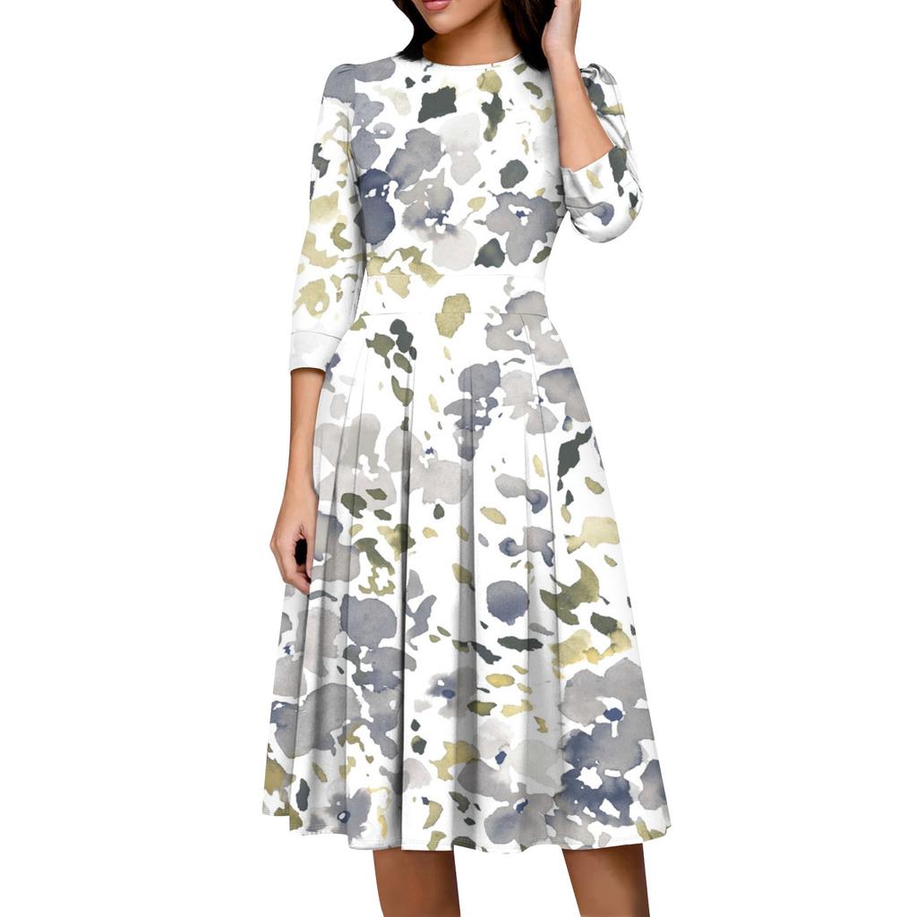 Damska sukienka casualowa i modna z 3/4 rękawami, kieszenią i zamkiem błyskawicznym z tyłu