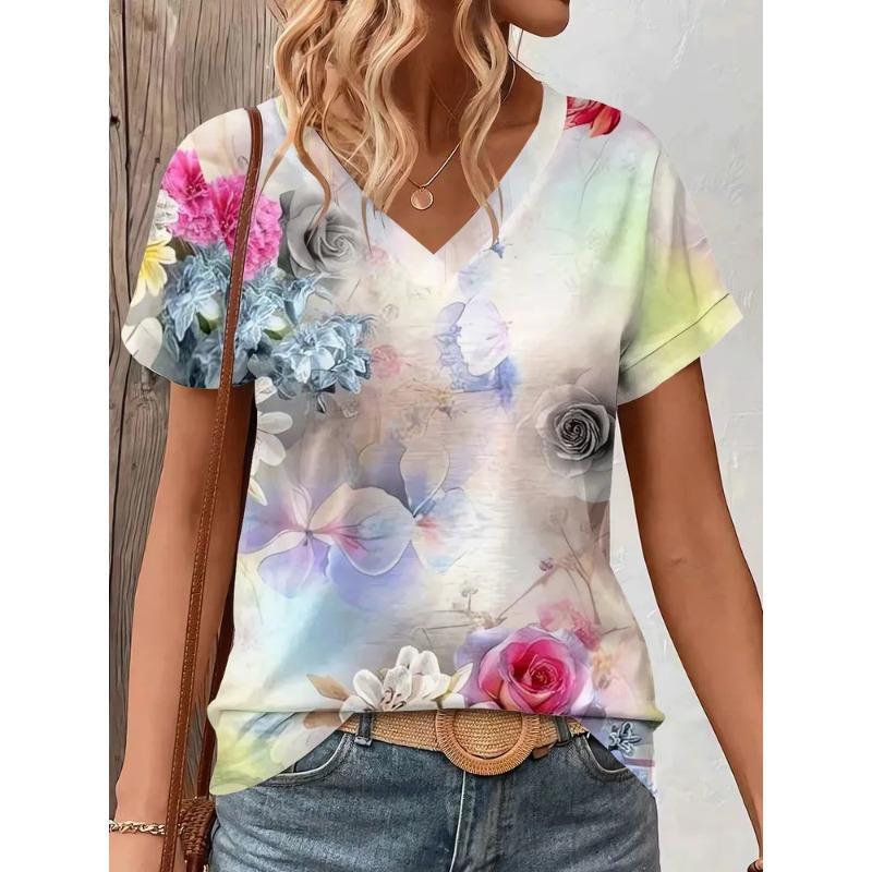 Summer Women's 3D Printed V-Neck T-Shirt Fashion Versatile Breathable Trend Casual
