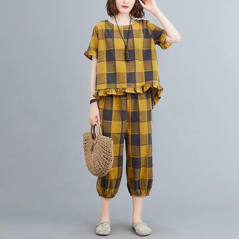 Women's Summer Loose Plaid Casual Suit Round Neck Short Sleeved Pullover Top+ Pants Two-piece Set