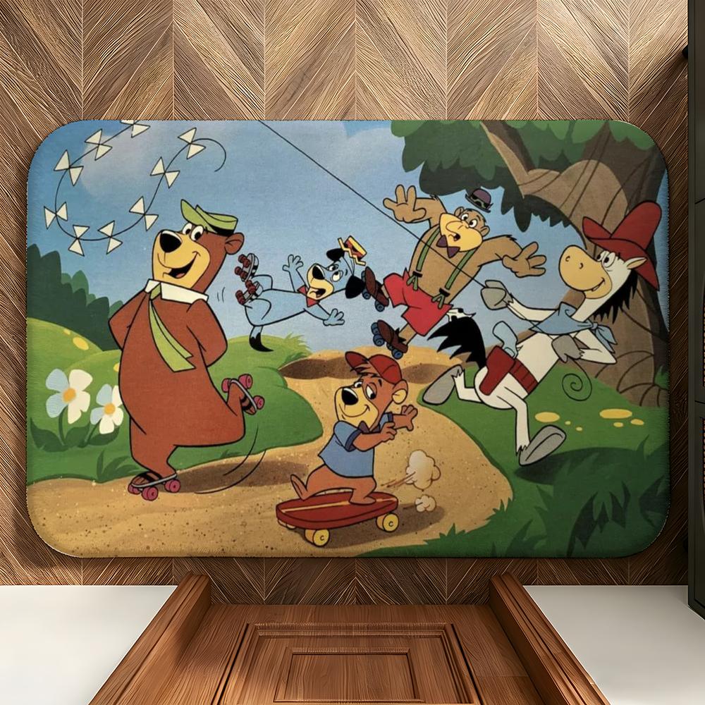 Cartoon Y-Yogi B-Bear Floor Mat Soft Flannel Floor Mat Suitable for Entryways, Living Rooms, Bedrooms, and Bathrooms