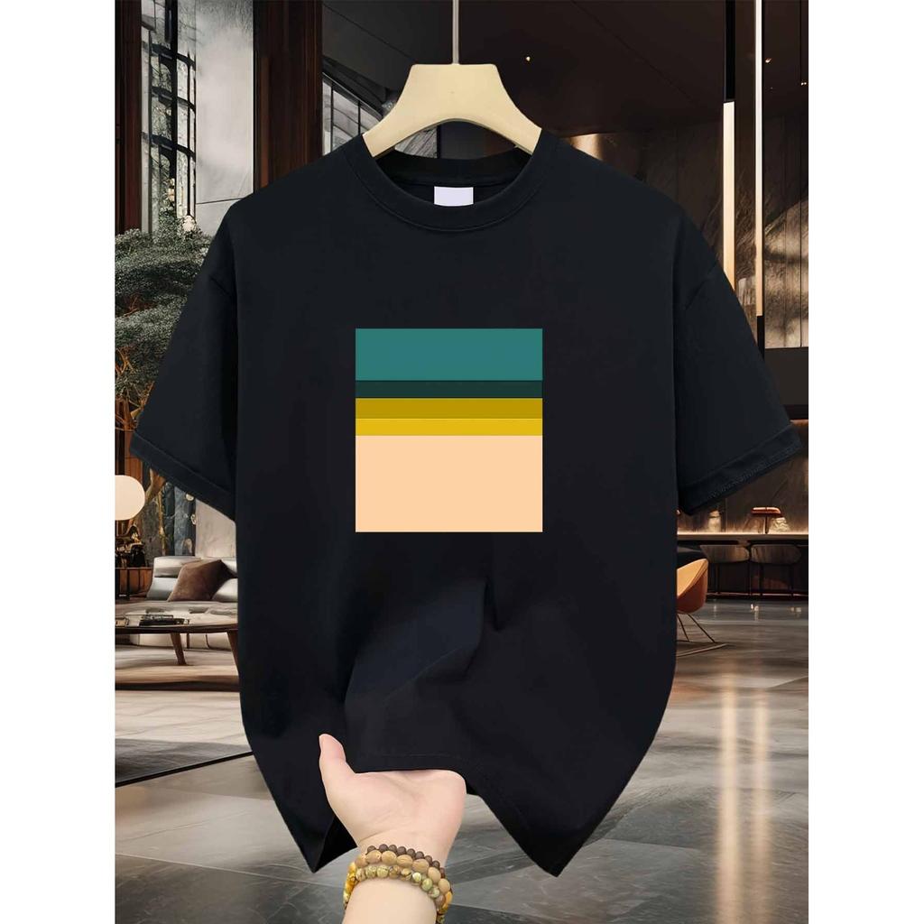 Retro Color Stripes Graphic Tee Men Casual Crew Neck Pure Short Sleeve T-Shirt