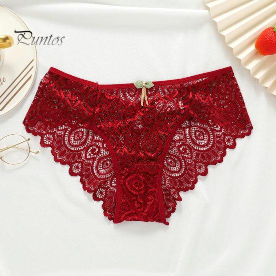 Underpants Women Briefs Hollow Out See-through Lace Thin Bow-knot Sexy Panties Mid Waist High-elasticity Lady for Daily Wear