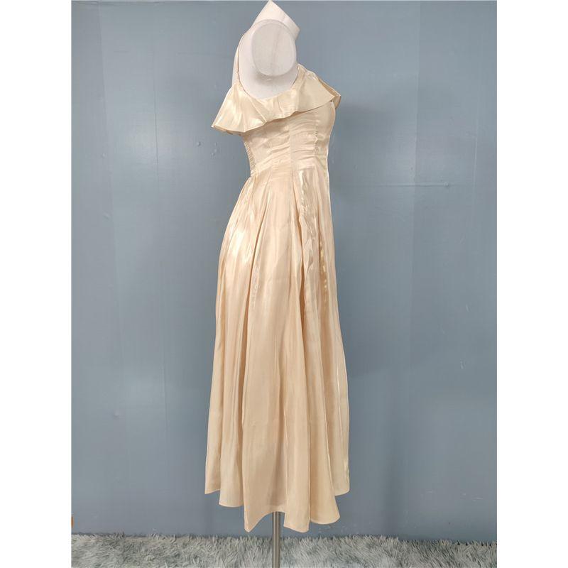Foreign Trade on Champagne Slimming Lady Sling Bright Silk Frill Elegant Personality All-matching Frill Dress