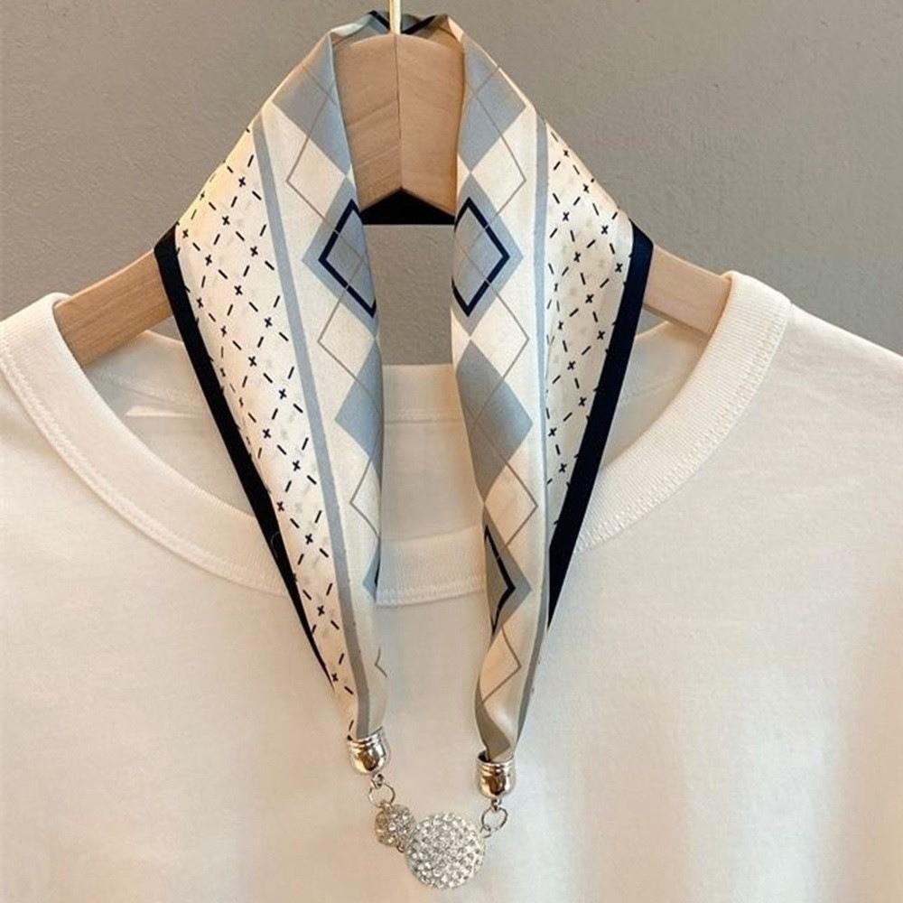Pearl Diamond Silk Scarf Korean Retro Women's Scarf Chain Magnetic Buckle Scarf  Effortless Styling