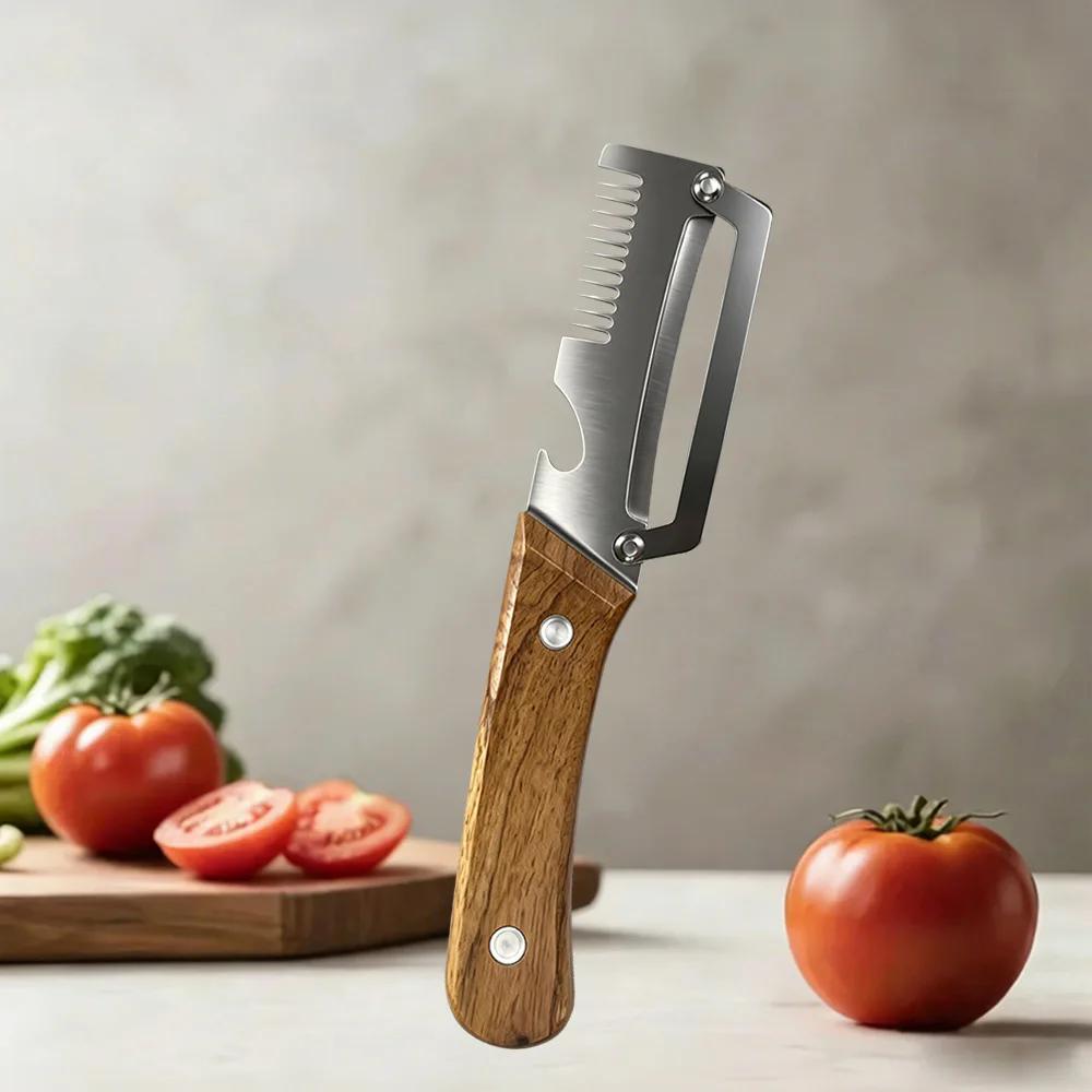 Pelador de Cocina Multifunción de Acero Inoxidable Específico para Cocina para Cortar Frutas y Verduras con Mango de Madera/Acero