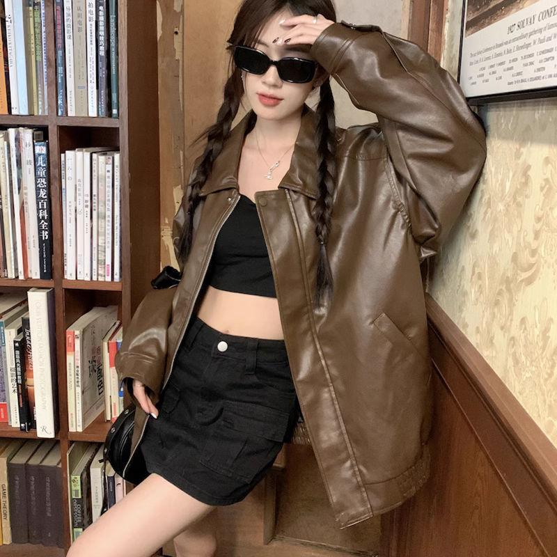 Autumn and Winter American Maillard Lapel Retro Motorcycle Style Leather Jacket Couple Jacket Men and Women Trendy Brand Pu Leather Jacket