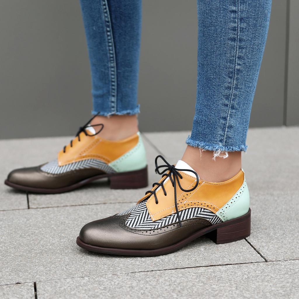 European and American Low-heeled Single Shoes Retro Brock Color Matching Dark-mouth Lace-up  Single Shoes H