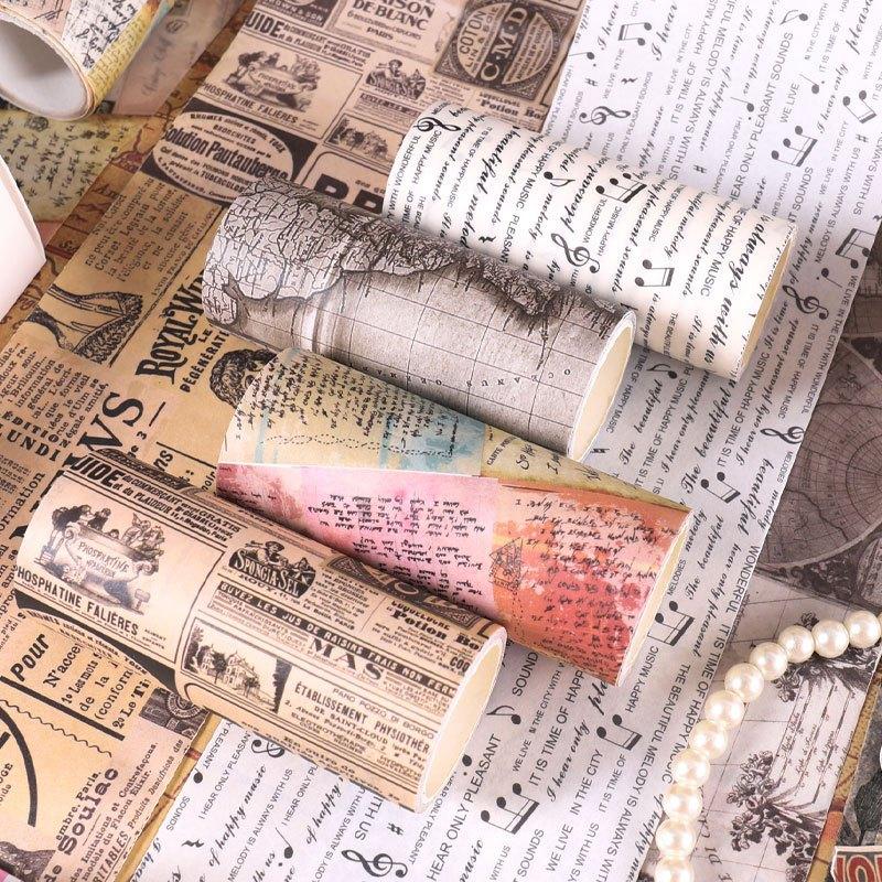 4Rolls/Box 3.54inch Width Vintage Washi Tape Set English Newspaper Themes Decorative Tape, Art Tape For Note-taking Supplies, Sc