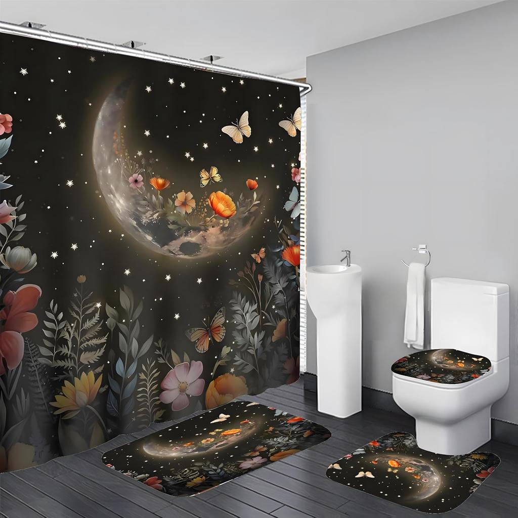 4Pcs Shower Curtain Set with Non-Slip Bath Mat, Toilet Lid Cover, Contour Rug & 12 Hooks, Bathroom