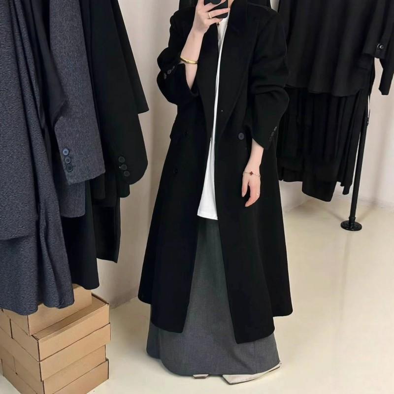 Womens Wool Blend Double-Sided Coat Mid-Length Loose Fit Korean Style Casual Overcoat With Notched Lapel Double Breasted