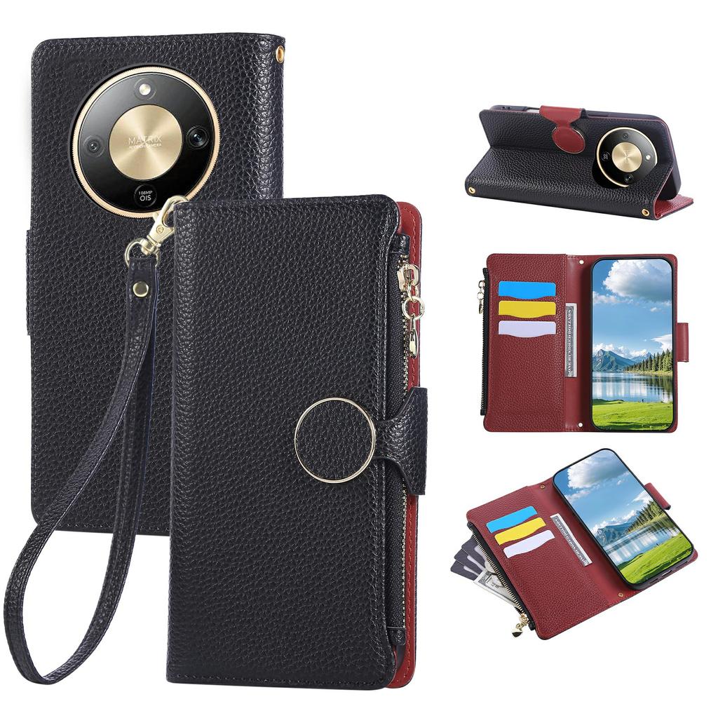 Phone Case For Honor Magic8 Lite 5G / X9d 5G / X70 5G Zipper Wallet Leather Phone Cover with Wrist Strap