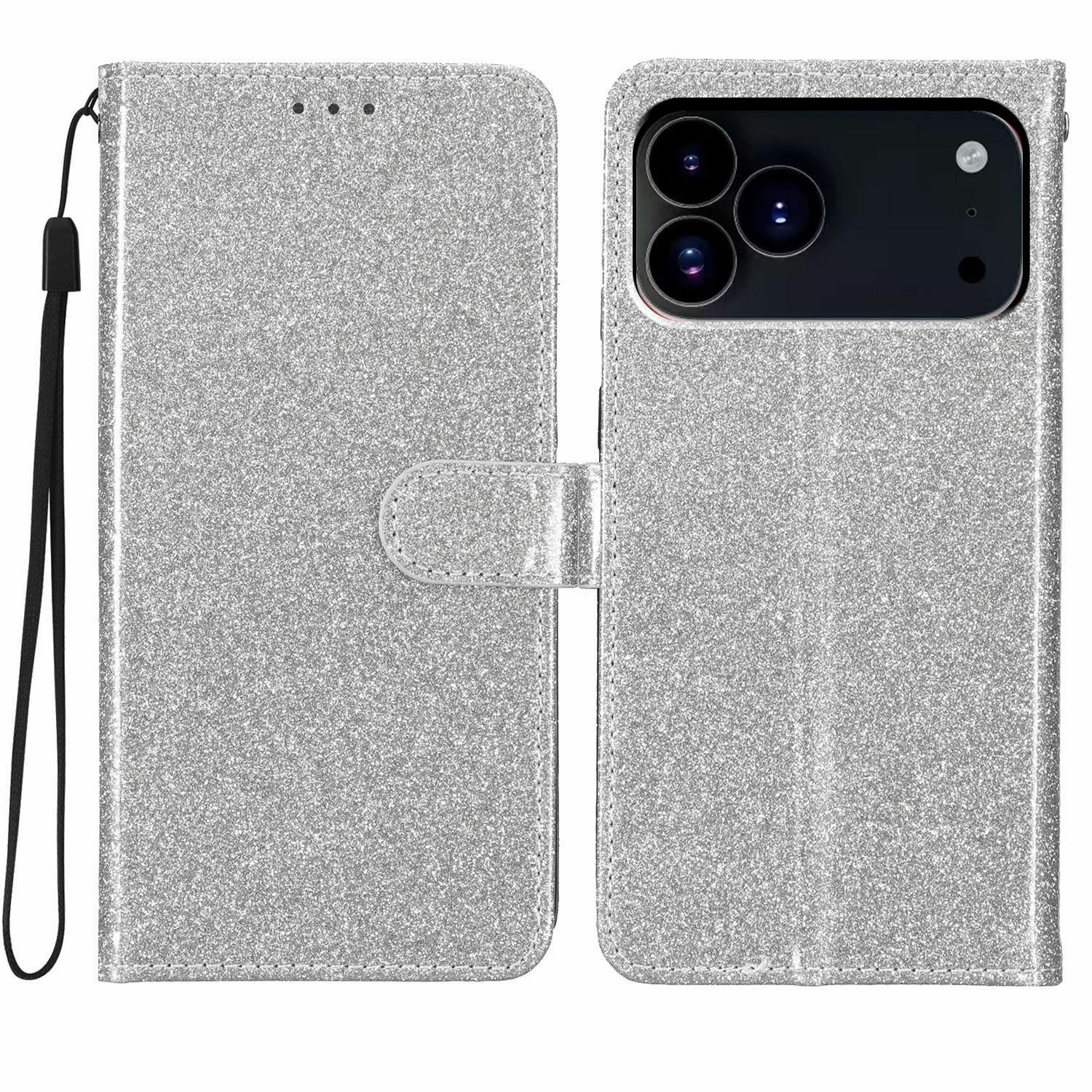 

For iPhone 17 Pro Max Wallet Case Glitter Anti-Scratch Leather Stand Phone Cover with Strap Silver