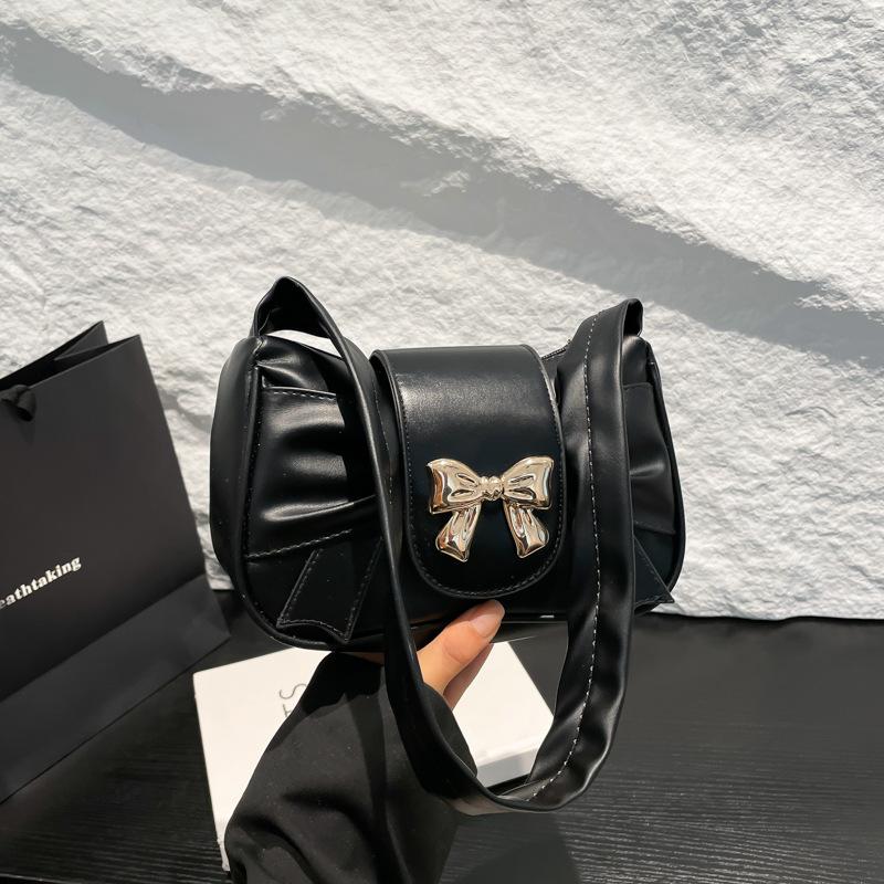 

Textured pleated summer new bow beautiful portable shoulder underarm bag women s bag чёрный