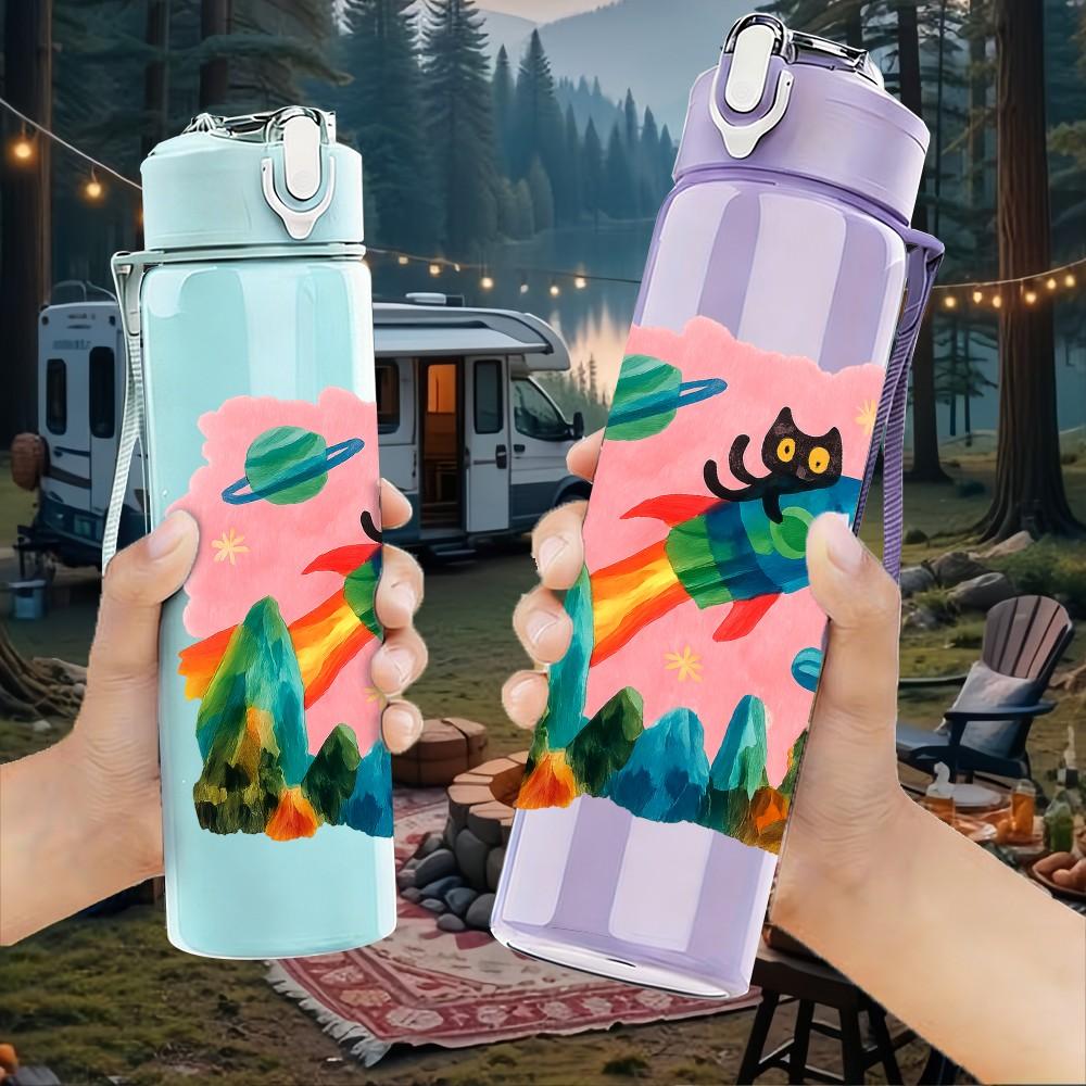 1PC Mountain Rocket Cartoon 750ml Color Plastic Sports Water Bottle Leakproof Flip Straw Lid Suitable for Sports Office Home Use