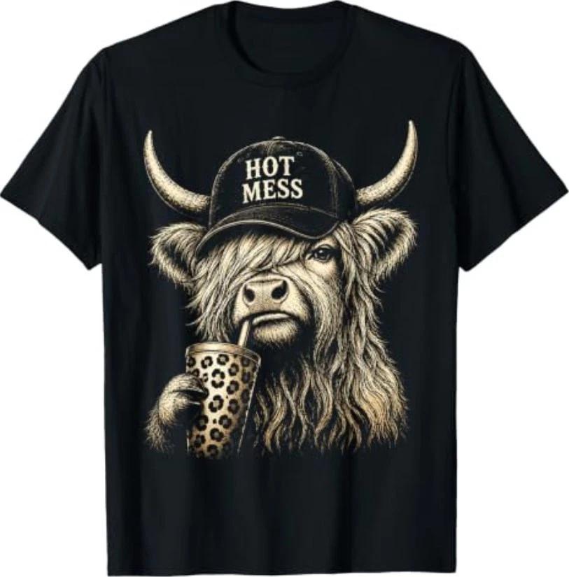 Hot Mess Highland Cow Funny Cute Coffee Lover Graphic T-Shirt