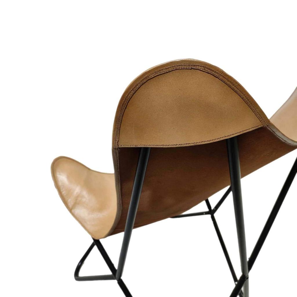 Camel Color Genuine Buff Leather Butterfly Chair - Comfortable Arm Rest Living Room Butterfly Chair – with Black Powder Coated Iron Stand