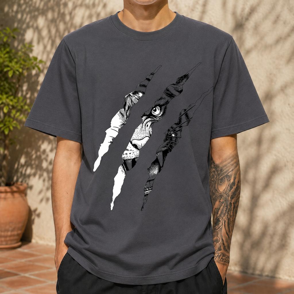 2026 New Pure Cotton Tshirt Ripped Claw Mark Leopard Eye Creative Print Trendy Unisexs Crew Neck Top Casual Short Sleeve