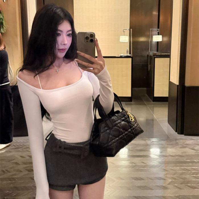 2026 Spring/Autumn Pure Desire One-Shoulder Strappy Long Sleeve Top - Casual & Versatile