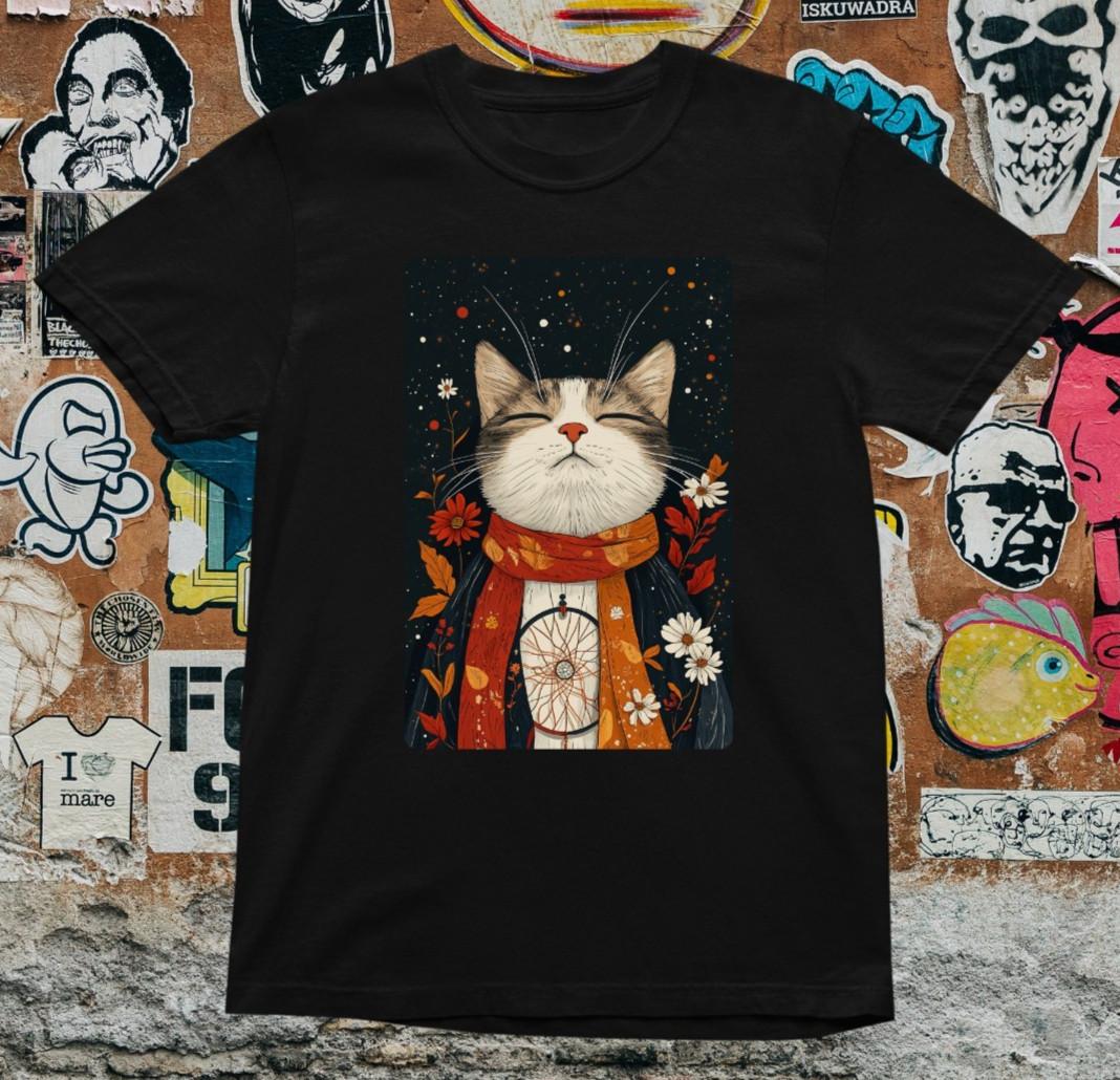 Cozy Cat T-Shirt – Cute Floral Kitty Graphic Tee Autumn Fall Aesthetic Shirt XXL