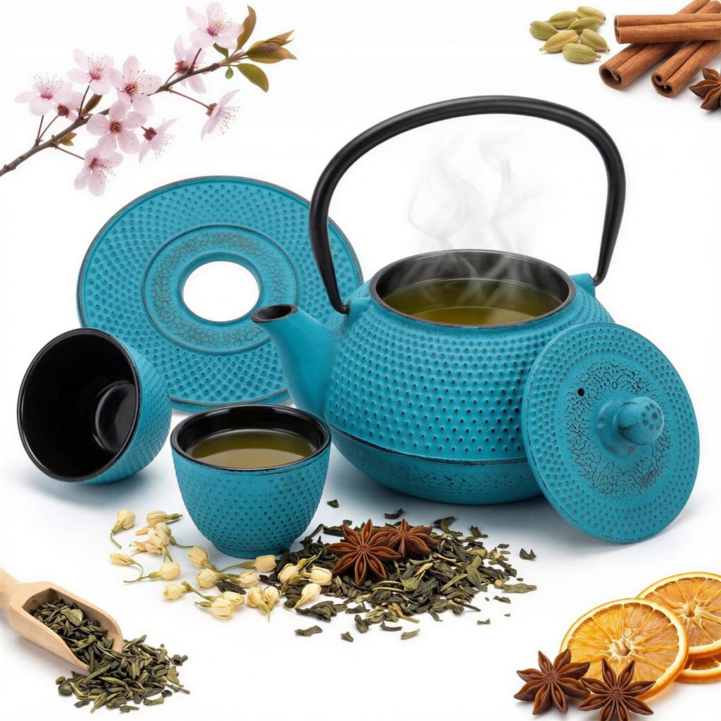 CAST IRON KETTLE 1.5L TEAPOT 2x CUPS TEA INFUSER + STRAINER