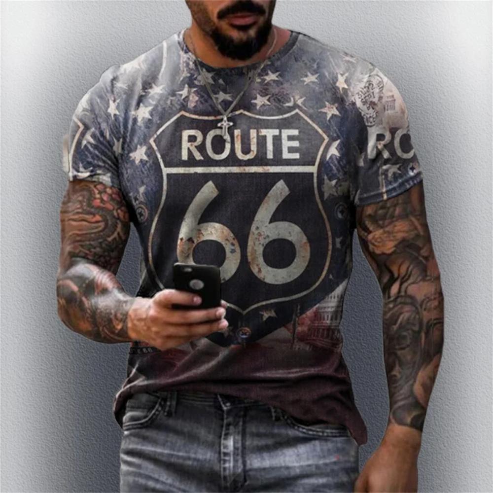 Horký výprodej Letní pánské oblečení Pánské oversized krátkorukávové tričko Pánské 3D tištěné Klasický retro krátkorukávový top Tričko Route 66