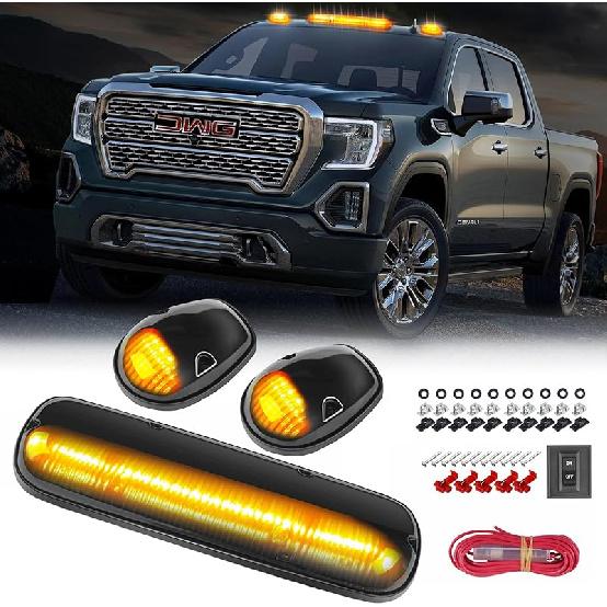 3X LED Cab Marker Lights Smoked Lens Amber Cab Top Roof Running Light Assembly Compatible with Silverado/Sierra 1500 2500 2500HD 3500 3500HD 2014