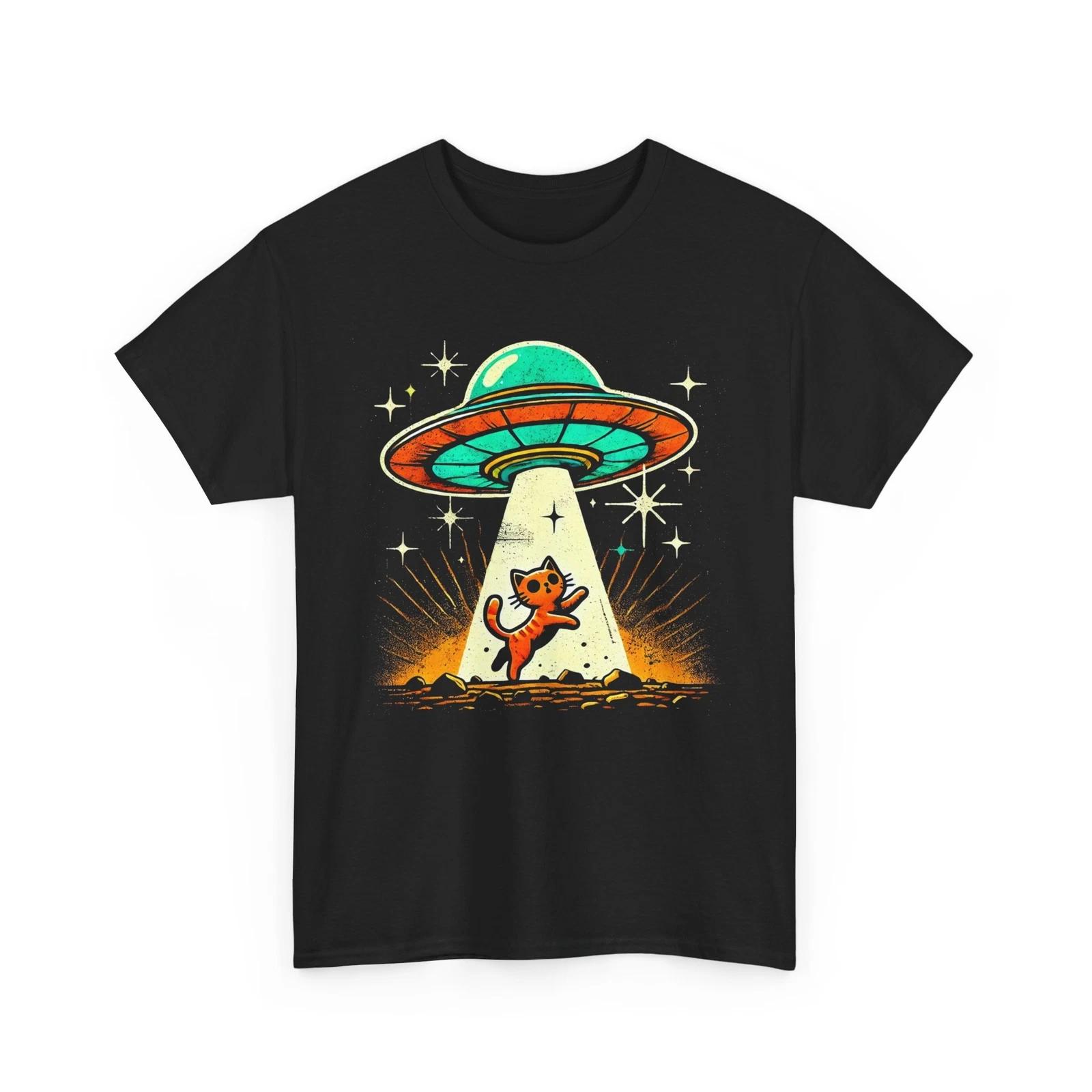 Cat Abduction Shirt | Cosmic Alien T-Shirt | UFO Graphic Tee | Sci-Fi Style Tee S