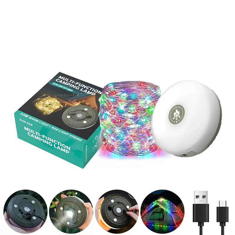 Cross-Border Rechargeable LED Solar Camping Lantern with 10m Multi-Color String Lights and Storage