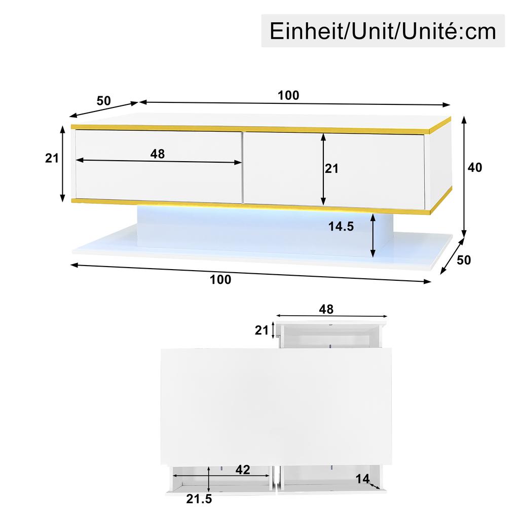 Modern LED Coffee Table with High Gloss, 100 cm Long, Gold Trim, 3 Drawers & USB LED Light Strip (Adapter/Power Bank Required)